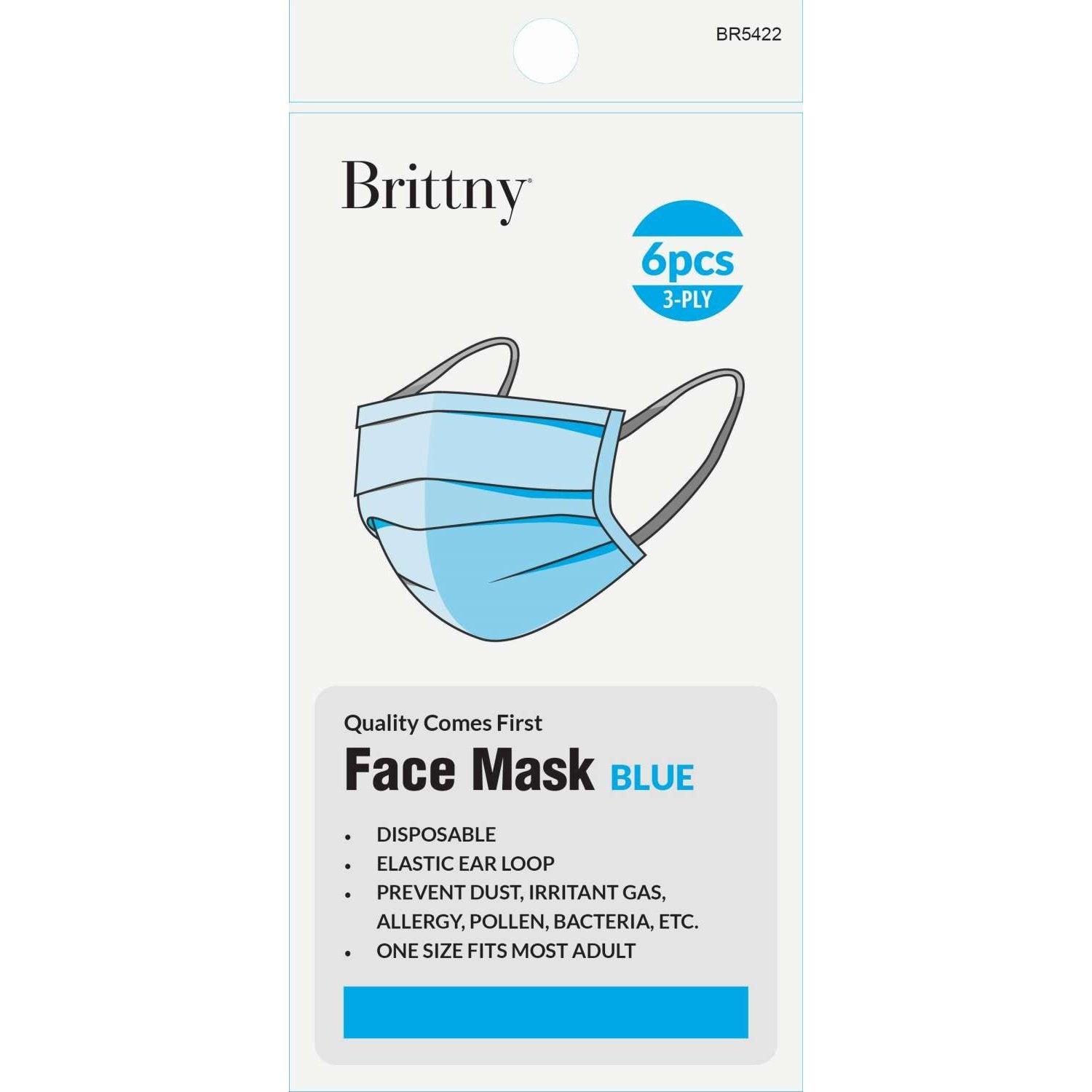 Brittny Face Mask Disposable 6Piecespack Blue Brittny Face Mask Disposable 6Piecespack Blue